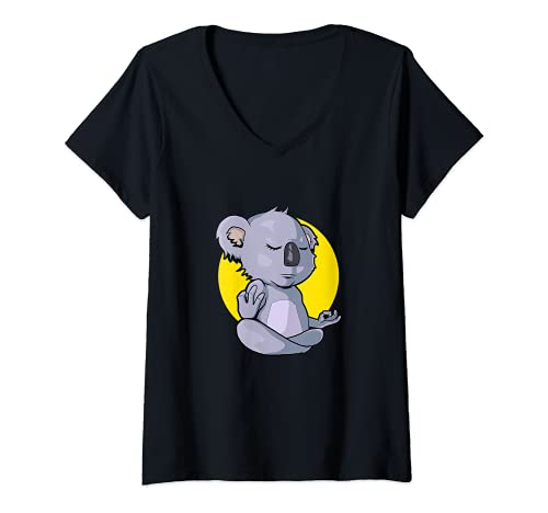 Mujer Yoga Koala Postura de Yoga Padmasana Meditación Camiseta Cuello V