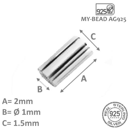 My-Bead 50 Piezas chafas Tubos 2mm x Ø 1mm Plata de Ley 925 sin Juntas Accesorios de joyería de Calidad DIY