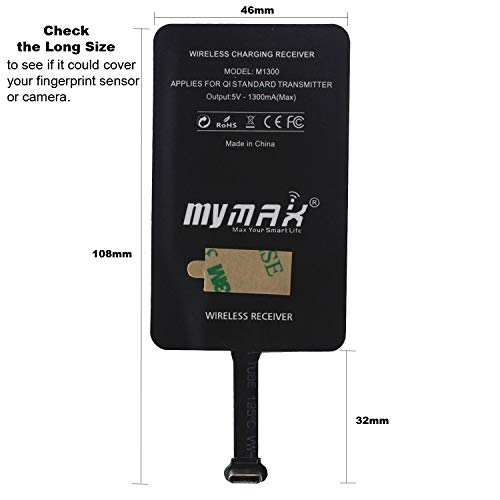 MyMAX - USB tipo C 1300mA Magic Tag Qi Receptor de Carga inalámbrico y Adaptador, Compatible con Google Pixel, Samsung, Huawei, LG, Sony, Motorola, Nokia, etc (larga, plástico)