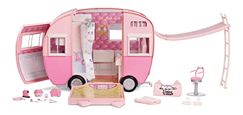 Na Na Na Surprise Caravana Kitty-Cat - Caravana rosa con orejas y cola de gato - 7 áreas de juego que incluyen cocina completa, hamaca y accesorios, coche de juguete para muñecas y más