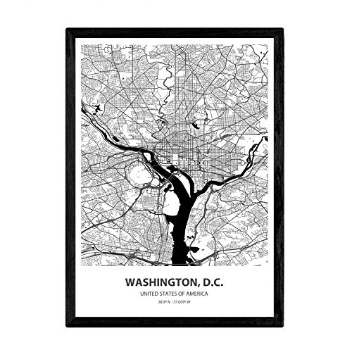 Nacnic Poster con mapa de Washington D.C - USA. Láminas de ciudades de Estados Unidos con mares y ríos en color negro. Tamaño A4 con marco