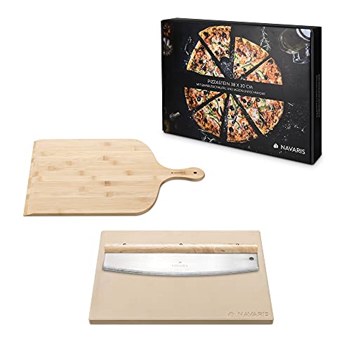 Navaris Piedra para pizza con pala y cuchillo medialuna - Base de cordierita de 38 x 30 CM con accesorio para cortar y paleta - Horno barbacoa grill