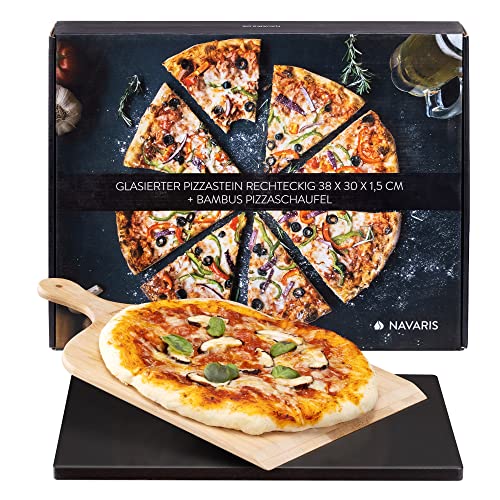 Navaris Pizza stone - Piedras de horno para pizza con pala de bambú - Base rectangular para horno barbacoa leña - Placa de cordierita - 38 x 30 CM