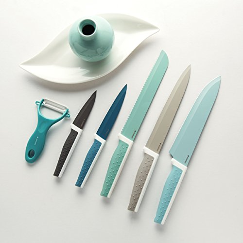 Navaris Set de 6x cuchillos mondador incluido - 5x cuchillos de acero inoxidable y 1x cuchillo pelador de verduras de cerámica - en diversos colores