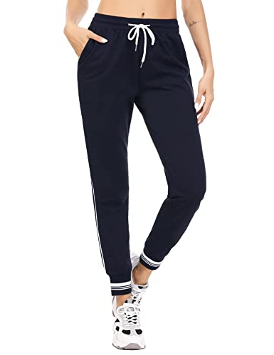NC Pantalon de Chandal Mujer Pantalones Deportivos Elastico con Bolsillos Pantalon Largos de Yoga Correr Gimnasio Algodon Rayas(Azul Marino,M)