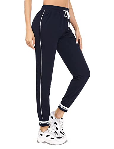NC Pantalon de Chandal Mujer Pantalones Deportivos Elastico con Bolsillos Pantalon Largos de Yoga Correr Gimnasio Algodon Rayas(Azul Marino,M)