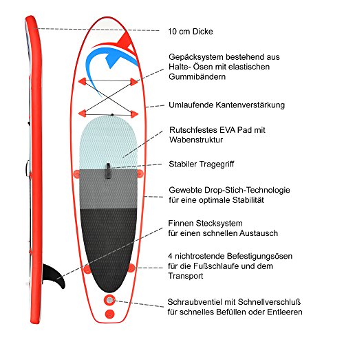 nemaxx PB305 Tabla de Paddle Surf Sup 305x76x10cm, Rojo/Azul - Tabla de Paddle Board - Tabla de Surf - Hinchable con Mochila, remos, Aletas, Bomba de Aire, Kit de reparación, Correa para pie