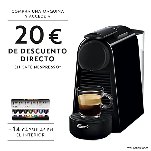 Nespresso De'Longhi Essenza Mini EN85.B - Cafetera monodosis de cápsulas Nespresso, compacta, 19 bares, apagado automático, color negro, Incluye pack de bienvenida con 14 cápsulas