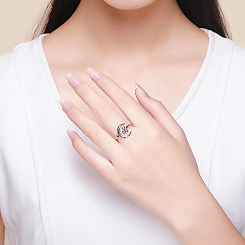 NewL Anillos de dedo ajustables de plata de ley 925 con luna y gato de tamaño abierto para mujer, joyería de compromiso de boda