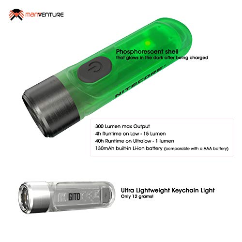 NITECORE Tiki GITD - Mini Llavero Linterna de Bolsillo - Fosforescente - 300 Lúmenes LED y Luz Ultravioleta - Linterna Llavero Recargable USB - Pequeña y Ultraligera