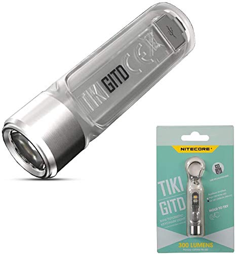 NITECORE Tiki GITD - Mini Llavero Linterna de Bolsillo - Fosforescente - 300 Lúmenes LED y Luz Ultravioleta - Linterna Llavero Recargable USB - Pequeña y Ultraligera