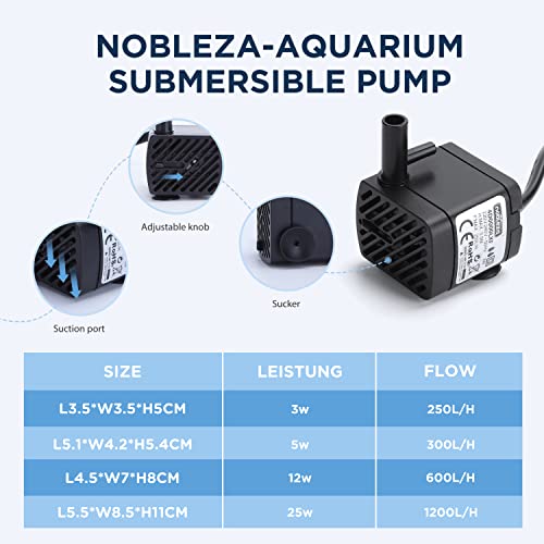 Nobleza- Bomba Sumergible (3W 250L/H) Bomba de Repuesto para Fuentes para Mascotas, acuarios, peceras, estanques, con Accesorios