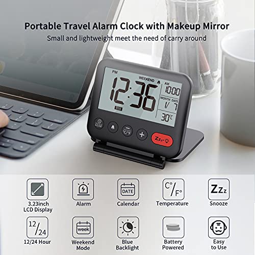NOKLEAD Reloj Despertador Digital de Viaje - Mini Reloj Pantalla LCD portátil Calendario retroiluminado, Temperatura del Calendario Espejos cosméticos, Reloj de Escritorio Plegable (negro1)