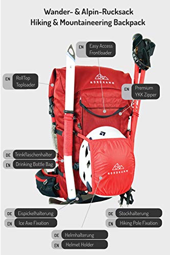 NORDKAMM Mochila de Senderismo Unisex de 30 l, ergonómica, para esquí, Escalada, Rojo