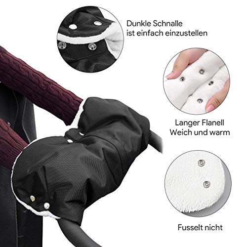 Oladwolf Pram Hand Warmer, Pram Muff with Warm Flannel, Handmuff Gloves Universal Size for Stroller Buggy Wheel Chains, Muff Waterproof and Windproof for Winter (Black)