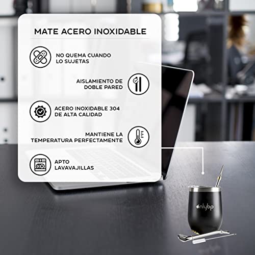 OnlyBP® - Mate Argentino Kit Yerba, Incluye 2 Bombillas, Cepillo de Limpieza y Vaso de Acero Inoxidable Negro