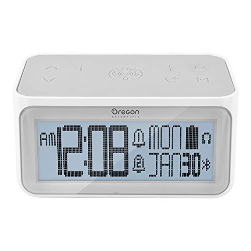 Oregon Scientific Despertador con Altavoz Bluetooth, Dos alarmas, Hora, Fecha, Salida de Auriculares de 3,5 mm y micrófono Incorporado para Uso como Manos Libres.