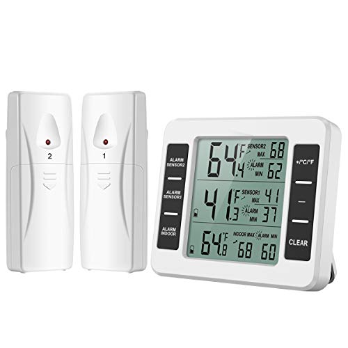 ORIA Termómetro Digital del Refrigerador, Termómetro Inalámbrico para Nevera con 2 Sensores, Termometro Congelador para Interior y Exterior con Pantalla LCD y Audible de la Alarma, Registro MAX/Min
