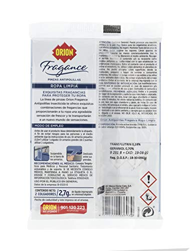 Orion Fragance - Pinzas Ambientadoras Antipolillas para Armarios, Aroma Ropa Limpia - 2 pinzas