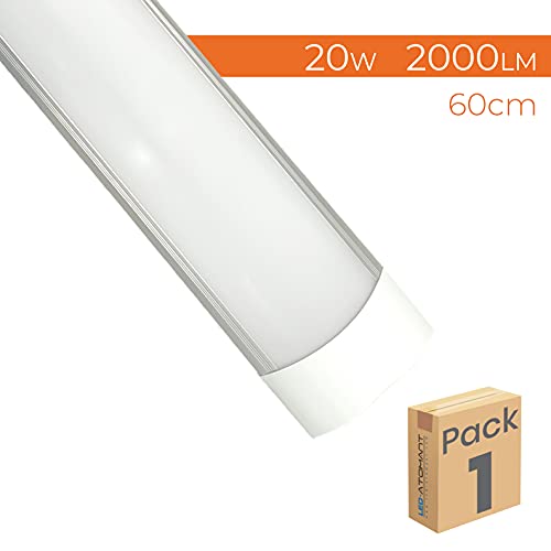 Pack 1x Lampara Luminaria 60cm 20w. Color Blanco Frio (6500K). Tubo led integrado T8. 2000 lumenes. Pantalla led slim.