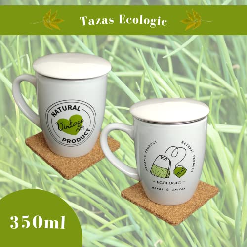 Pack» 2 Tazas Para Té Con Filtro y Tapa (350 ml) Con Asa, Para Infusiones, Café, Desayuno, mugs + 2 Posavasos corcho ecológico (Ecologic)