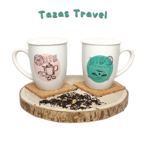 Pack» 2 Tazas Para Té Con Filtro y Tapa (350 ml) Con Asa, Para Infusiones, Café, Desayuno, mugs + 2 Posavasos corcho ecológico ( Travel)