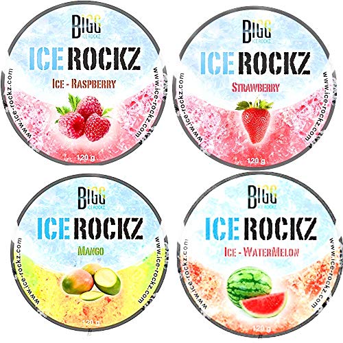 Pack de 4 Bigg Ice Rokz Piedras para Fumar Shisha Frambuesa Fresa Sandía Mango 4 x 120 gramos
