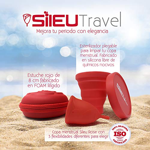 Pack Sileu Travel: Copa menstrual Rose - Modelo de iniciación - Talla XS, Rojo, Flexibilidad Soft + Estuche de Flor Rojo + Esterilizador Plegable, Rojo
