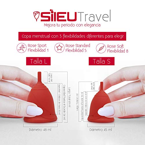 Pack Sileu Travel: Copa menstrual Rose - Modelo de iniciación - Talla XS, Rojo, Flexibilidad Soft + Estuche de Flor Rojo + Esterilizador Plegable, Rojo