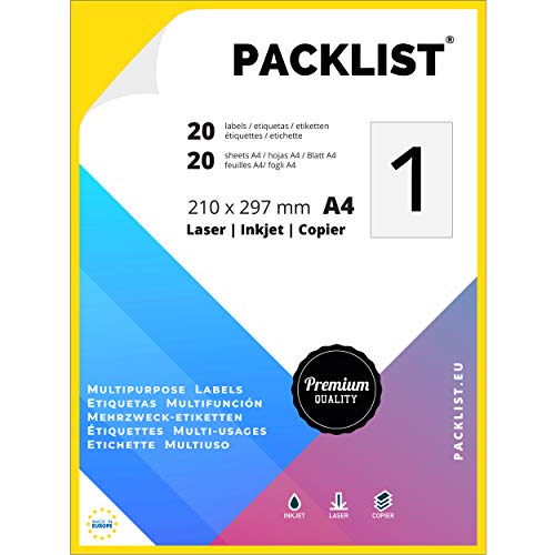 PACKLIST Papel Pegatina para Imprimir, 20 Etiquetas Adhesivas A4 - Etiquetas impresora 210 x 297 mm.20 Hojas, 1 Etiqueta por Hoja - Papel Adhesivo para Imprimir - Papel de Pegatina Impresión Premium