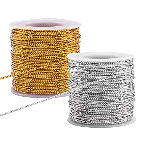 PandaHall Elite - Cordón metálico trenzado de 2 mm de 2 mm de cuerda metálica de 100 m de cuerda para envolver regalos, manualidades, oro y plata