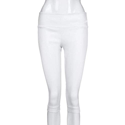 Pantalones De Tres Cuartos Cintura Alta para Mujer Color Puro Airy Tight Pantalones Festivo De Verano Pantalones De Tela Elástica Moda 2019 Ropa De Mujer (Color : Blanco, Size : L)