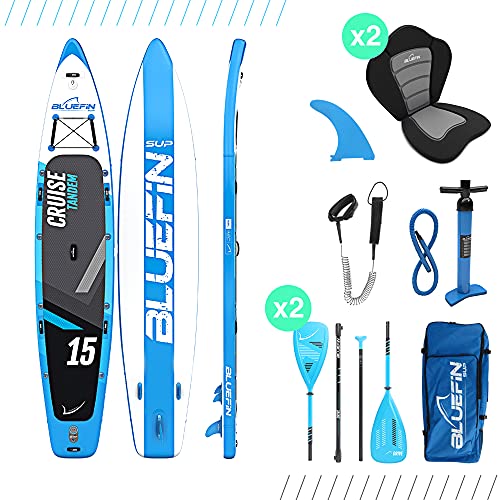Paquete de Sup Bluefin Cruise | Tabla de Paddle Surf Hinchable | Remo de Fibra de Vidrio | Kit de Conversión a Kayak | Accesorios Completos | Varias Medidas: 10’8, 12’, 15’ (Azul 457cm)