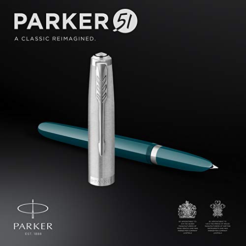 Parker 51 pluma estilográfica | cuerpo azul verdoso con adorno cromado | plumín mediano con cartucho de tinta negra | estuche de regalo