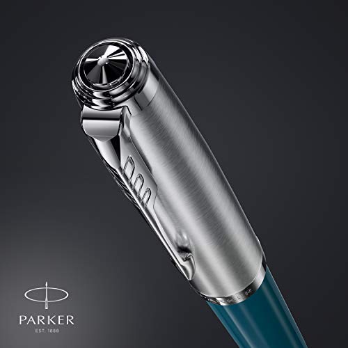 Parker 51 pluma estilográfica | cuerpo azul verdoso con adorno cromado | plumín mediano con cartucho de tinta negra | estuche de regalo