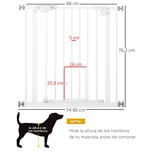 PawHut Barrera de Seguridad de Perros Mascotas 74-80 cm para Escaleras Puertas y Pasillo con Puerta para Gatos Cierre Automático y Sistema de Doble Bloqueo Altura 76,2 cm Blanco