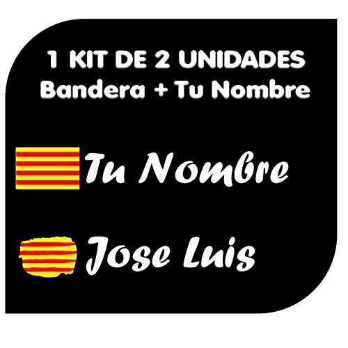 Pegatina Vinilo Bandera Cataluña + tu Nombre - Bici, Casco, Pala De Padel, Tablas Skate, Coche, Moto, etc. Kit de Dos Vinilos (Pack Fuentes 2)