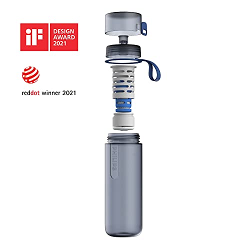 Philips - AWP2712 - Botella Filtro de Agua Go Zero Active, Modelo Fitness, Elimina el cloro y mejora el sabor, Libre de BPA, 600 ml, Azul Oscuro