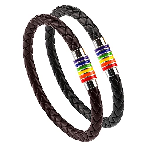 PHOGARY Pulsera gay Pride Rainbow (2 unidades, negro+marrón), pulsera de cuero para pareja de hombres y mujeres, brazalete LGBT con cierre magnético de acero inoxidable a rayas arcoíris
