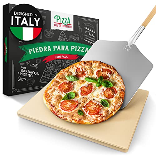 Pizza Divertimento Piedra para pizza para horno y parrilla de gas - De cordierita - Con pala para horno - Para base crujiente y agregado jugoso