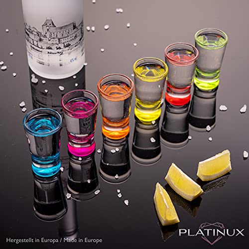 PLATINUX - Juego de 6 vasos de chupito, 2,5 cl, vasos de chupito, vasos de vodka de cristal, 6 posavasos
