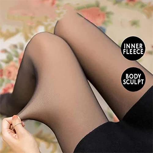Pmkjnh Women's Leggings Thermal Pantyhose Tights - High Elastic Opaque Tights, Fake Translucent Nude Tights Fleece (Black-with Feet,220g)