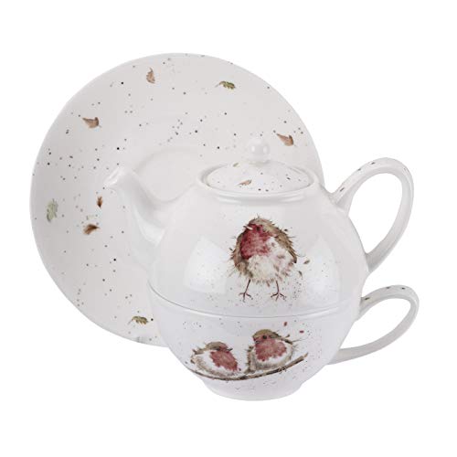 Portmeirion Home & Gifts Wrendale - Té para uno con platillo (Robins), porcelana de hueso, multicolor, 16,5 x 16,5 x 15 cm