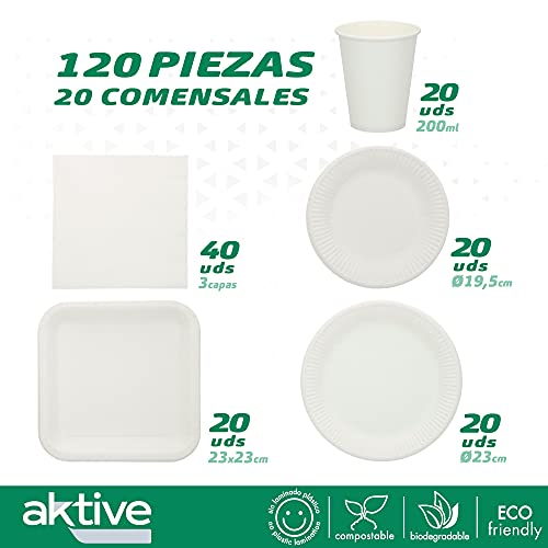 PROCOS - Vajilla desechable, compostable, biodegradable, 120 piezas, 20 comensales, Vajilla ecológica, platos servilletas y vasos desechables, libre BPA, origen vegetal (71346)