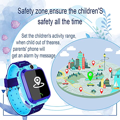PTHTECHUS Niños Smartwatch, Reloj Inteligente Phone con LBS Tracker SOS Chat de Voz Cámara Despertador Juego Cálculo para Regalos Estudiantes Compatible con iOS Android (02-LBS SOS Azul)