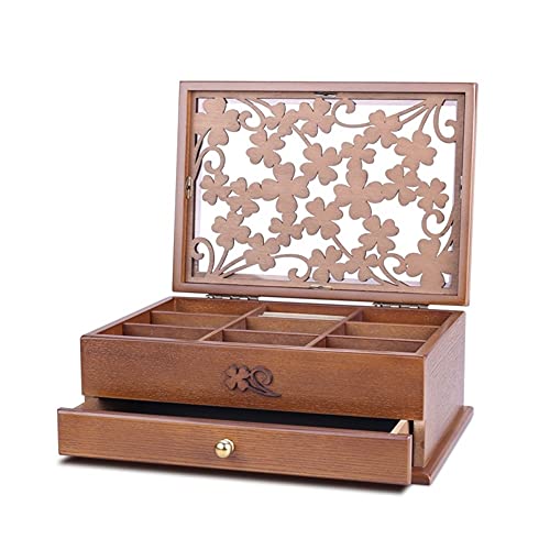 PULLEY Caja de joyería de madera de 2 capas, caja de joyería de escritorio, caja femenina tallada a mano, caja de almacenamiento, estilo chino europeo retro de gran capacidad simple