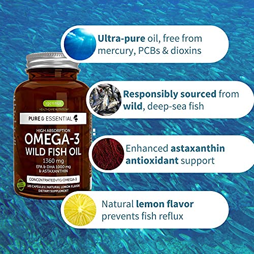 Pure & Essential Aceite de Pescado Salvaje de Alta Absorción y Astaxantina, 1360 mg de omega-3, 1000 mg de EPA y DHA, sabor a limón, 180 cápsulas