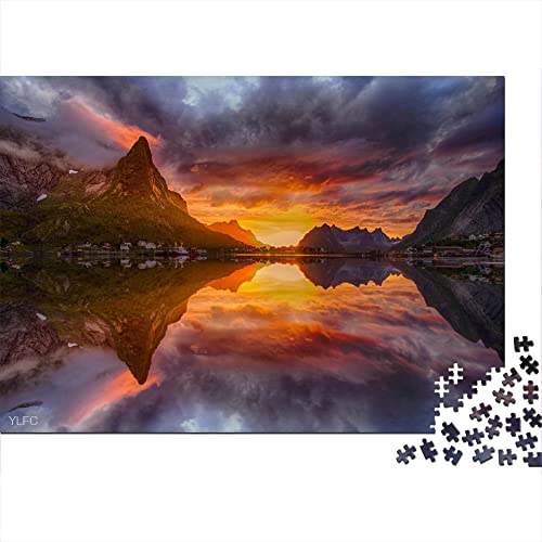 Puzzle 1000 Piezas Noruega Lago Paisaje Montaña Reflejo Puesta de Sol Rompecabezas de Madera 52x38cm Moda Educación Regalo de cumpleaños