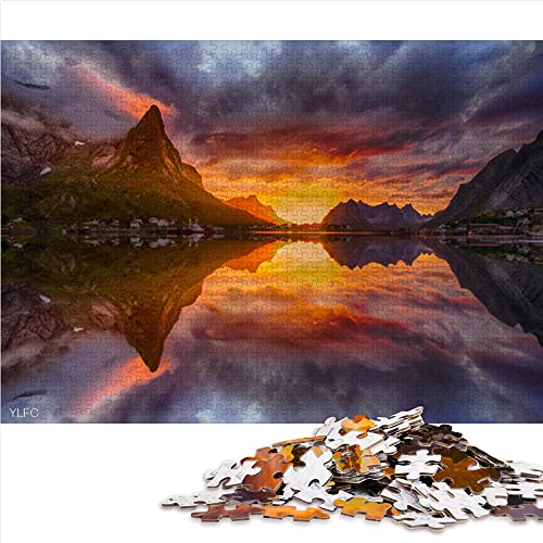 Puzzle 1000 Piezas Noruega Lago Paisaje Montaña Reflejo Puesta de Sol Rompecabezas de Madera 52x38cm Moda Educación Regalo de cumpleaños