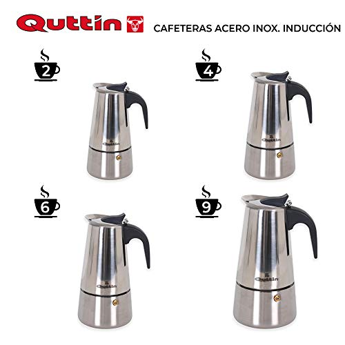 Quttin 63434 Cafetera Italiana, 6 Tazas, Acero INOX, Apta Incluso para Inducción, 6 Cups, Stainless Steel